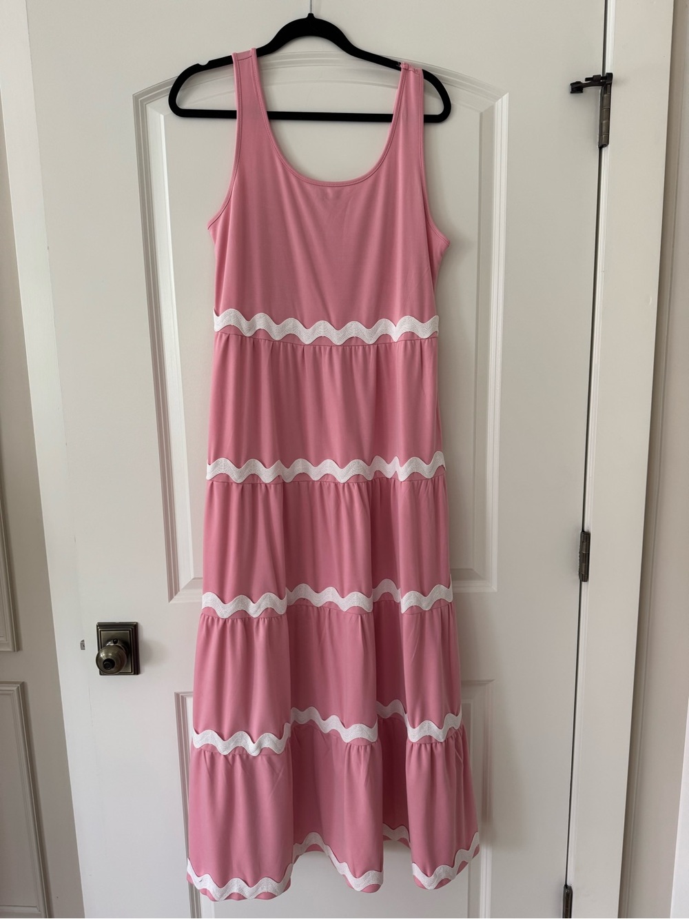 Pink Sleeveless Tiered Maxi Dress with White Rick rack trim. Size large